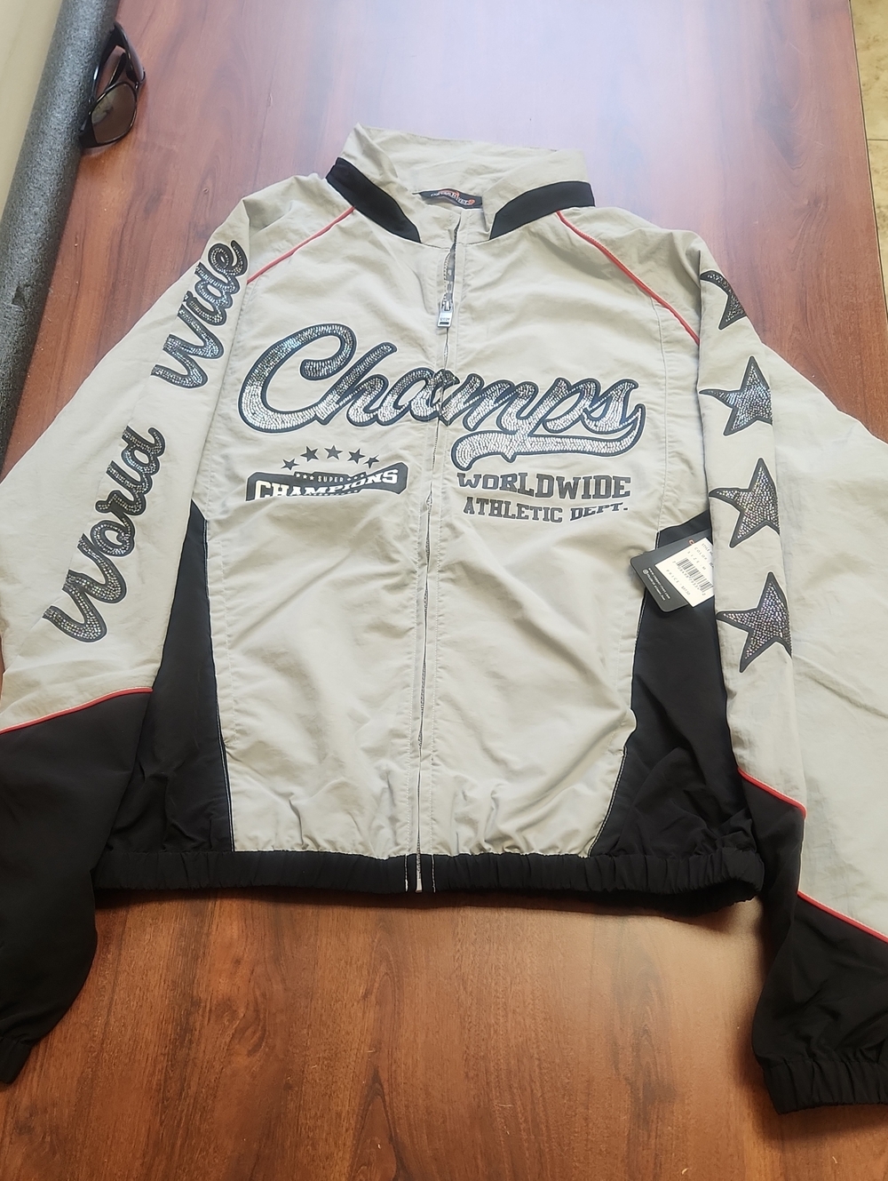 Champs Women's Light Gray and Black Varsity Jacket with Star Accents